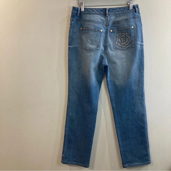 ST-JOHN Sz 8 Distressed Wiskering Mid-Wash Straight Leg Rosette on Pocket Jeans - Picture 7 of 11